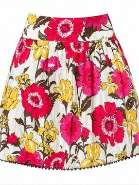 For The Republic Pink Yellow Floral Cotton Midi Skirt With Brown Pom Pom Size 6